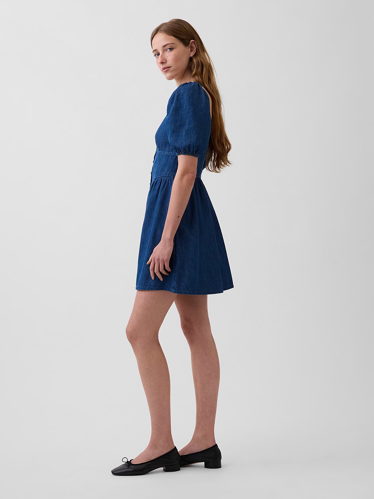 Image number 3 showing, Denim Puff-Sleeve Sweetheart Mini Dress