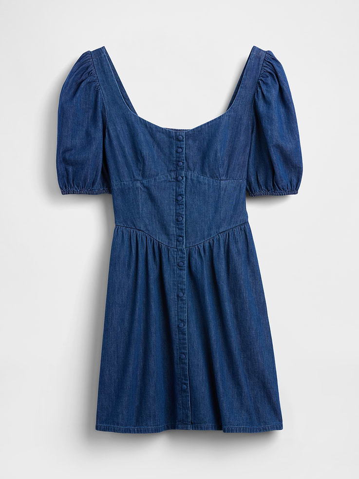 Image number 5 showing, Denim Puff-Sleeve Sweetheart Mini Dress
