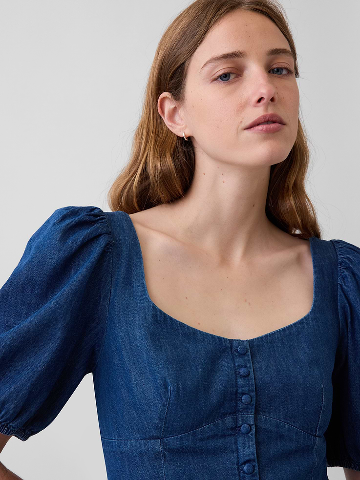 Image number 4 showing, Denim Puff-Sleeve Sweetheart Mini Dress