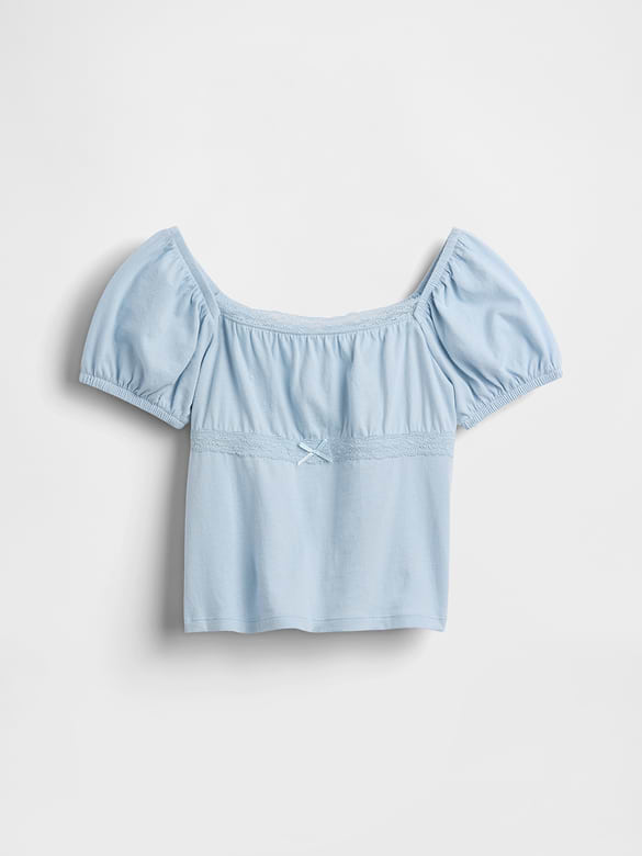 Kids Lace-Trim Puff-Sleeve Top