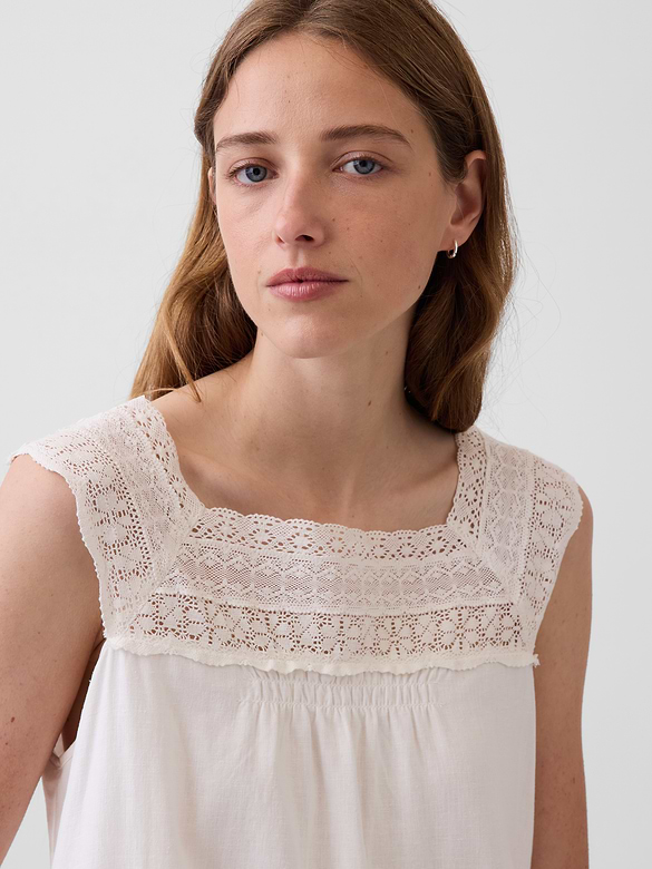 Linen-Blend Crochet Yoke Mini Dress