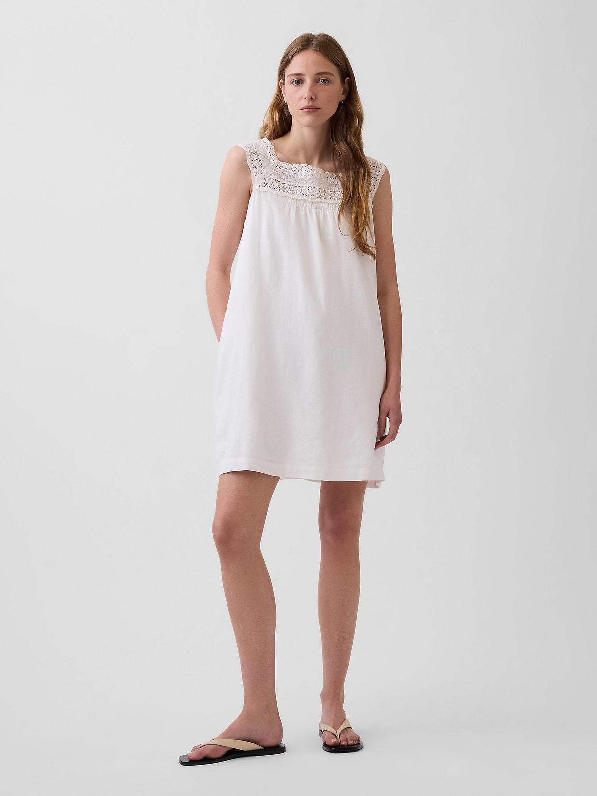 M Linen blend Crochet Summer Dress リネン Linen-Blend Crochet Yoke Mini Dress | Gap