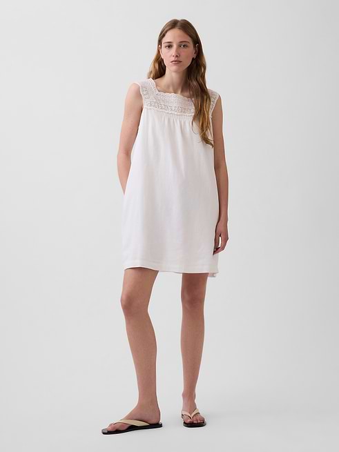 Women's Linen-Blend Crochet Yoke Mini Dress by Gap New Off White Size L