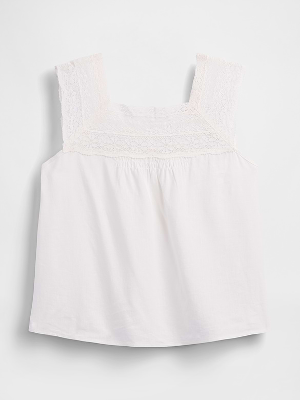 Linen-Blend Crochet Square-Neck Top