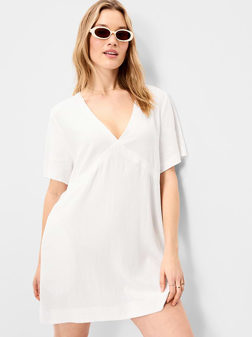 Short-Sleeve Linen-Blend Mini Shift Dress