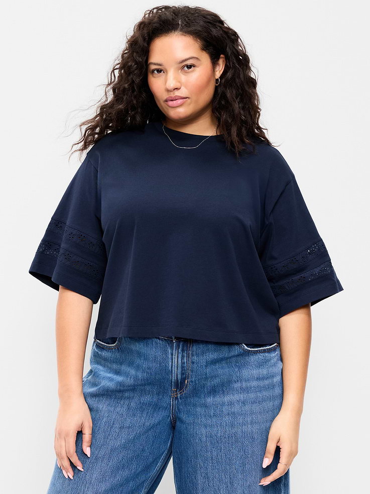 Image number 8 showing, Vintage Crew-Neck Cropped Lace-Trim T-Shirt