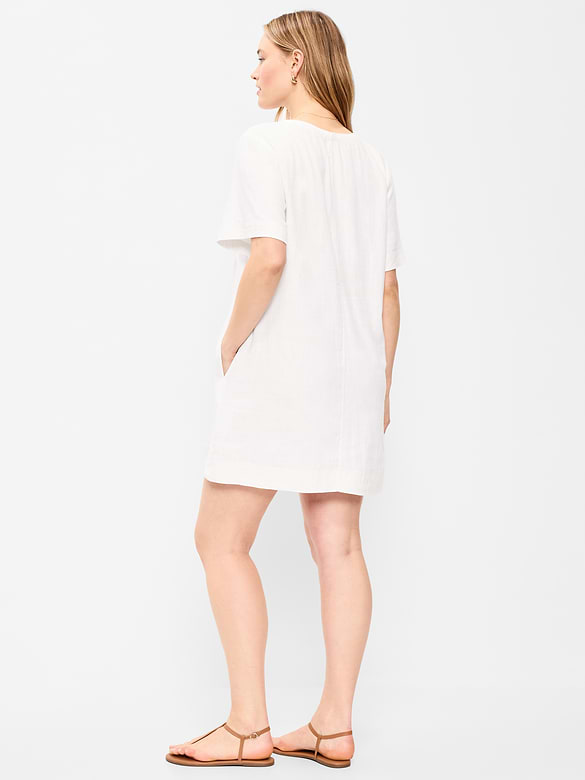 Short-Sleeve Linen-Blend Mini Shift Dress