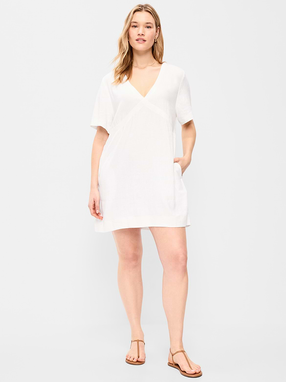 Short-Sleeve Linen-Blend Mini Shift Dress