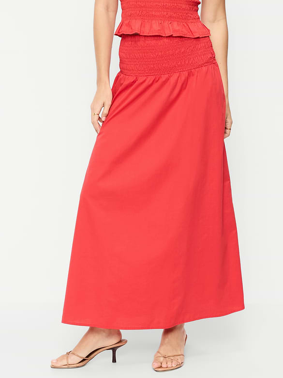 Twill Smocked-Waist Maxi Skirt