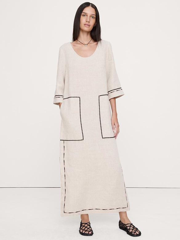 Embroidered Linen Scoop-Neck Maxi Dress