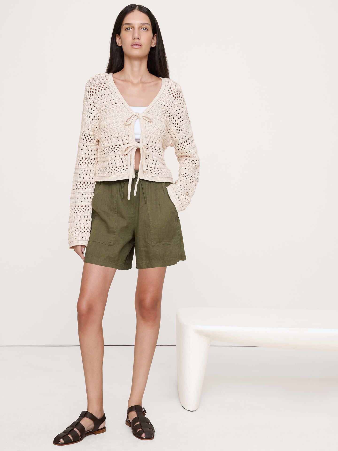 Image number 1 showing, Coastal Cotton Crochet Tie-Front Cardigan