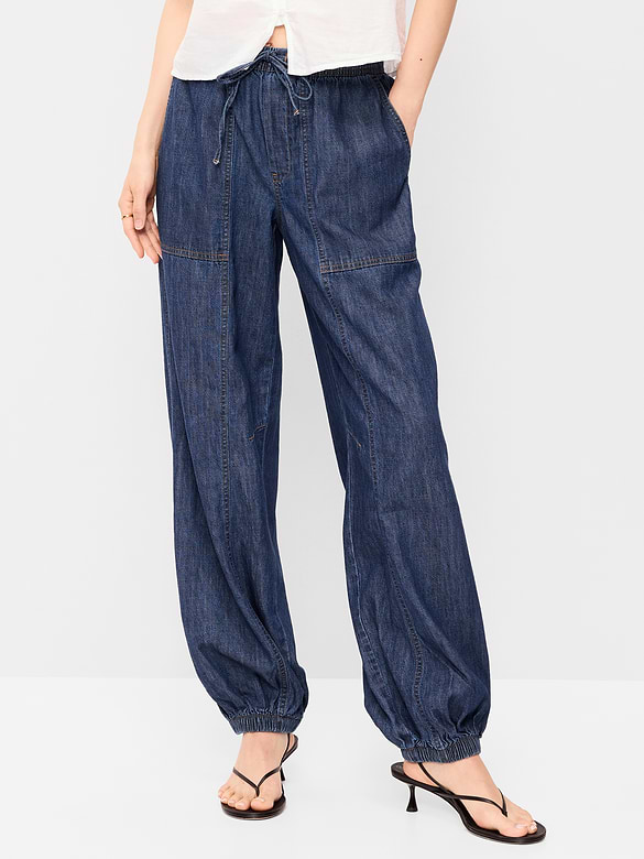 Mid-Rise Pull-On Utility Harem Denim Pants