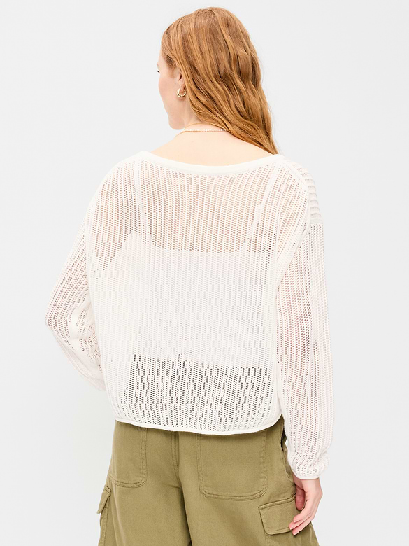 Seaside Cotton Open-Stitch Cropped Sweater