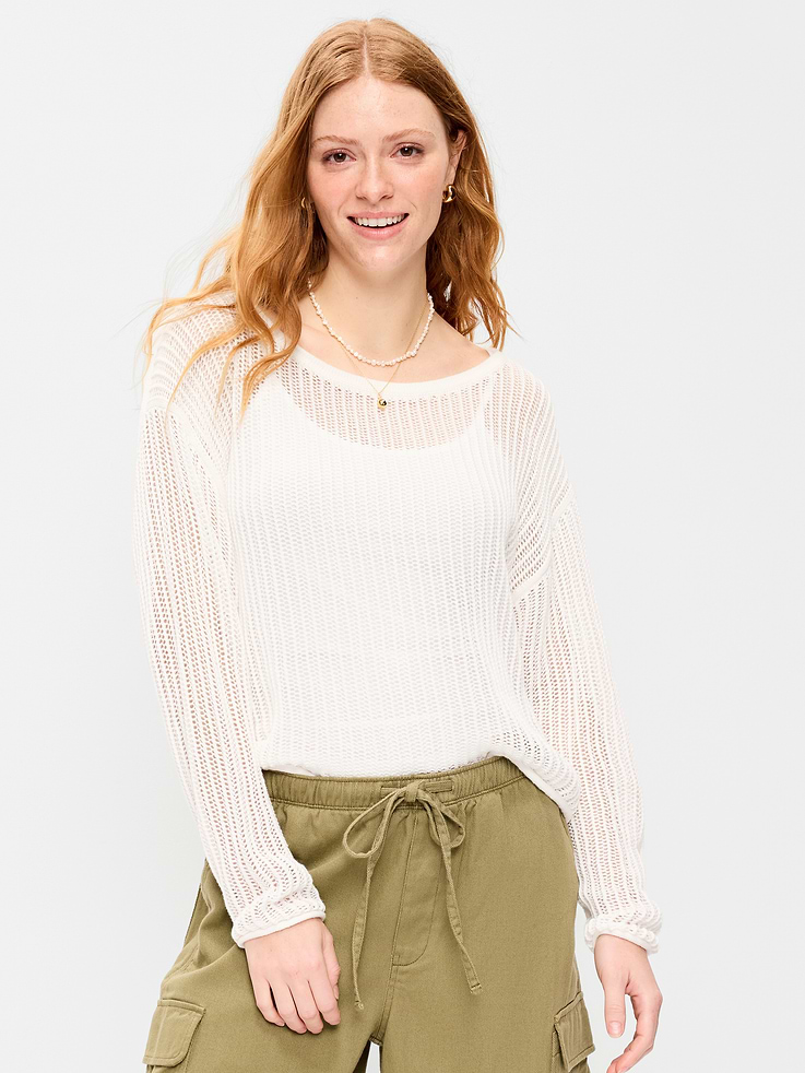 Image number 1 showing, Seaside Cotton Open-Stitch Cropped Sweater