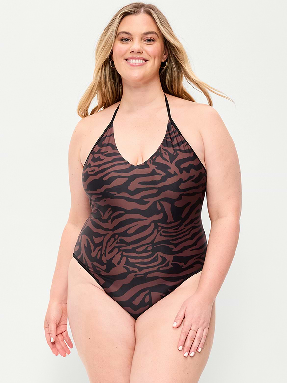 Pique V-Neck Halter Swimsuit