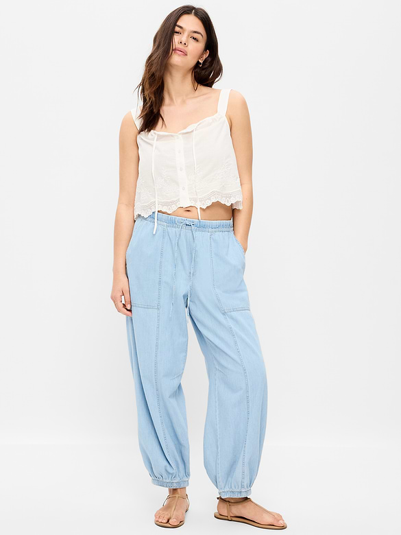 Mid-Rise Pull-On Utility Harem Denim Pants