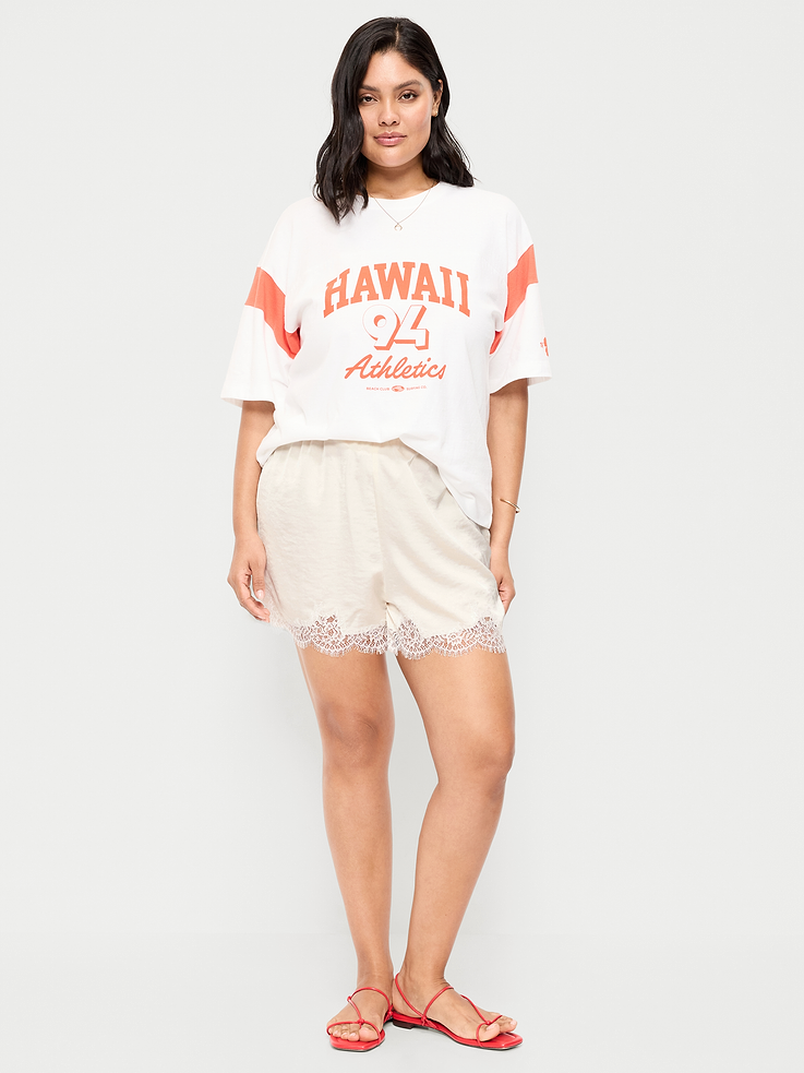 Image number 8 showing, High-Waisted Lace-Trim Satin Shorts