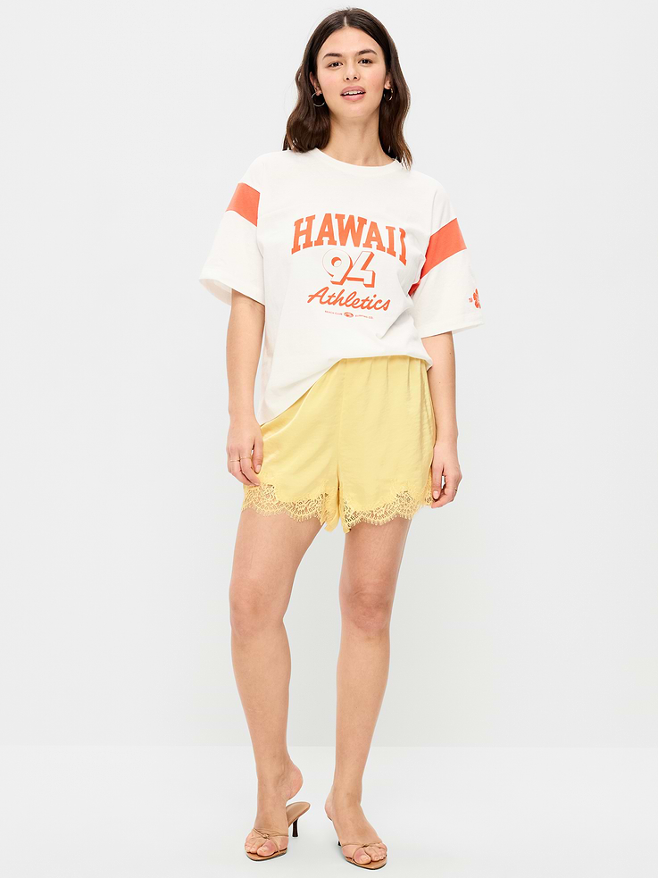 Image number 6 showing, High-Waisted Lace-Trim Satin Shorts