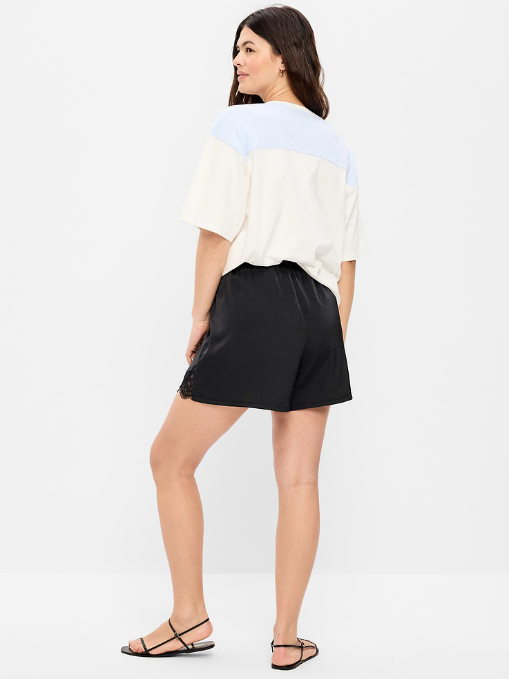 Image number 7 showing, High-Waisted Lace-Trim Satin Shorts