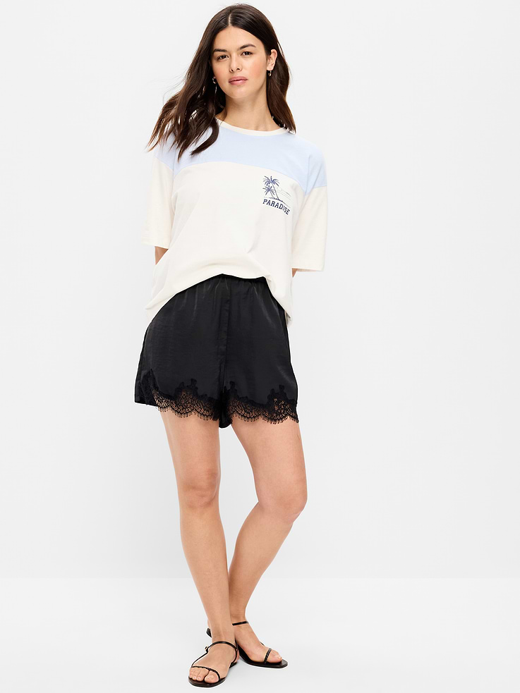 Image number 6 showing, High-Waisted Lace-Trim Satin Shorts