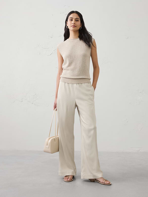 Wide-Leg High-Rise Crinkle Satin Pull-On Pant