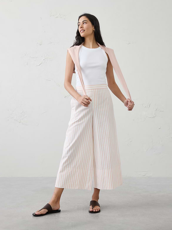 Anyday Wide-Leg High-Rise Seersucker Cropped Pant