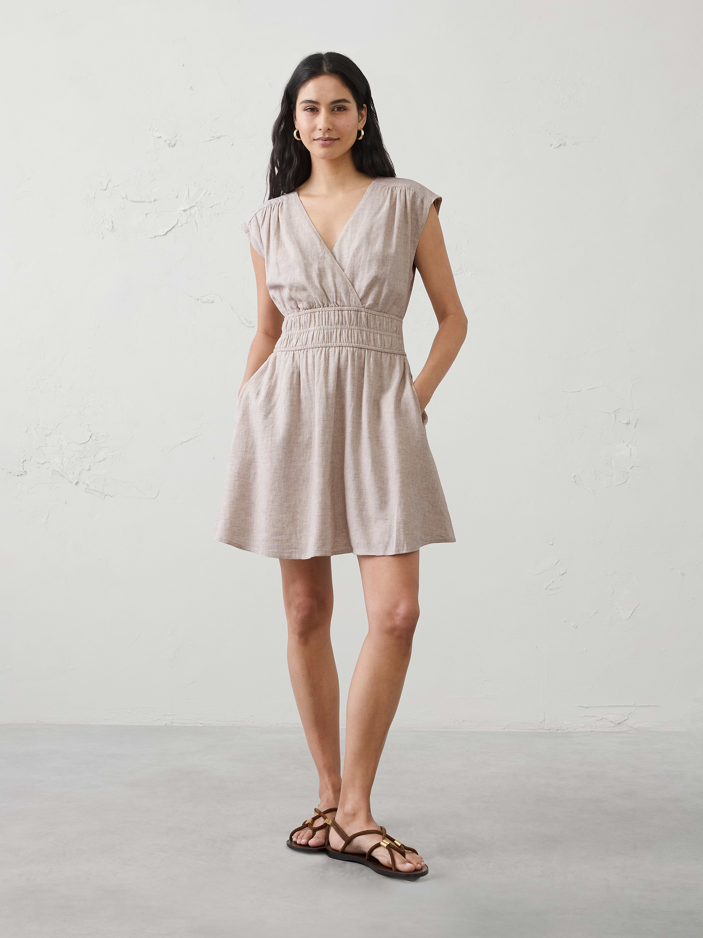 Image number 1 showing, Linen-Blend Smocked-Waist Mini Dress