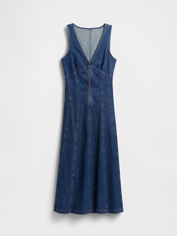 Denim Seamed Zip-Front Midi Dress