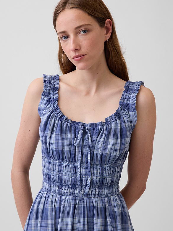 Voile Plaid Smocked-Waist Maxi Dress