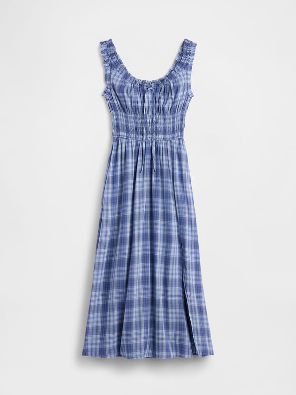 Voile Plaid Smocked-Waist Maxi Dress