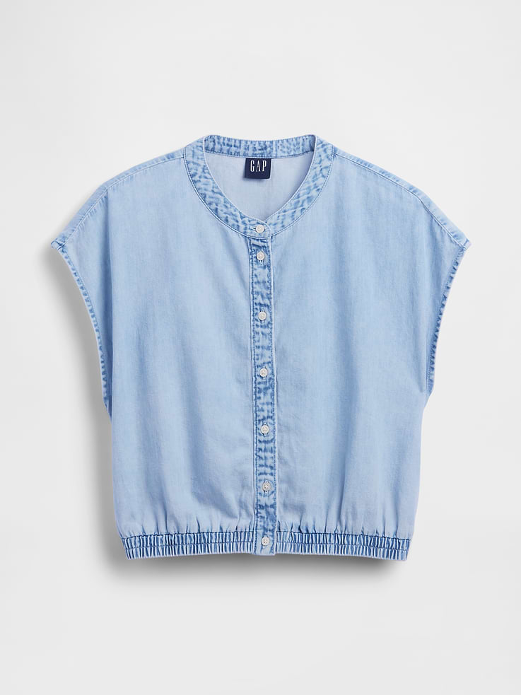 Image number 5 showing, Denim Cap-Sleeve Crop Button-Front Top