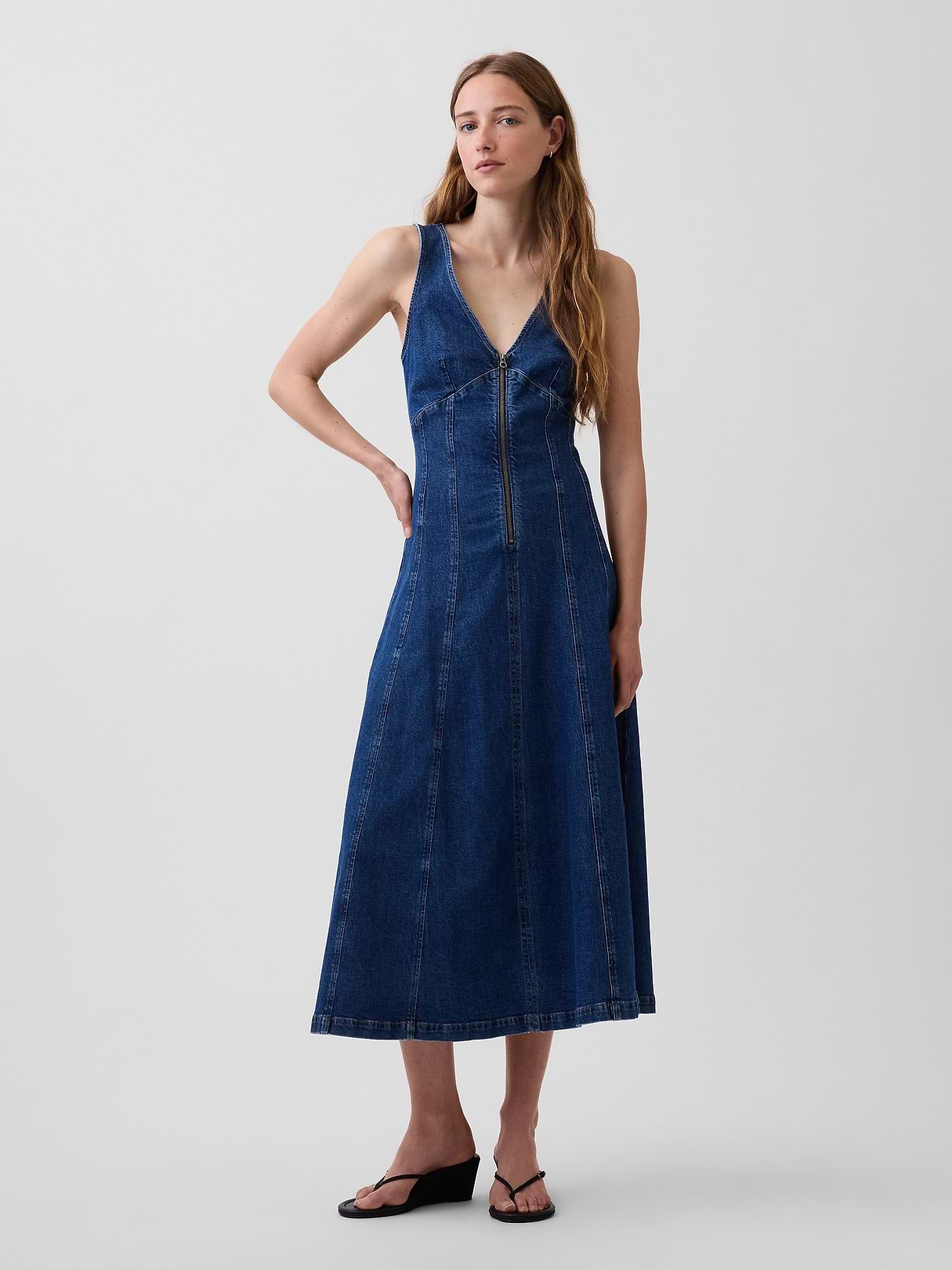 Denim Seamed Zip-Front Midi Dress | Gap
