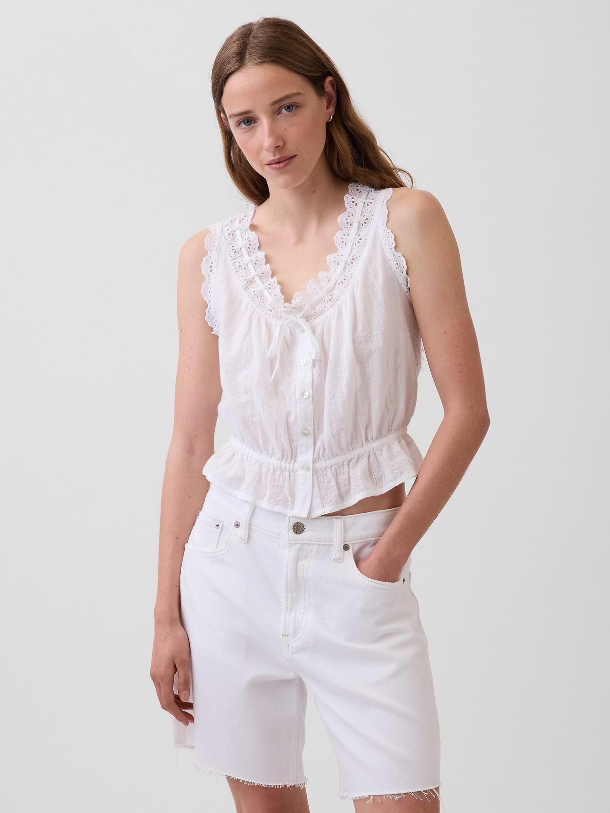 Eyelet Tie-Front Crop Peplum Top | Gap