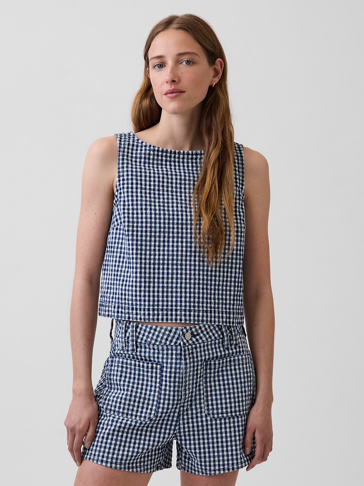 Image number 1 showing, Gingham Denim Crop Shell Tank Top