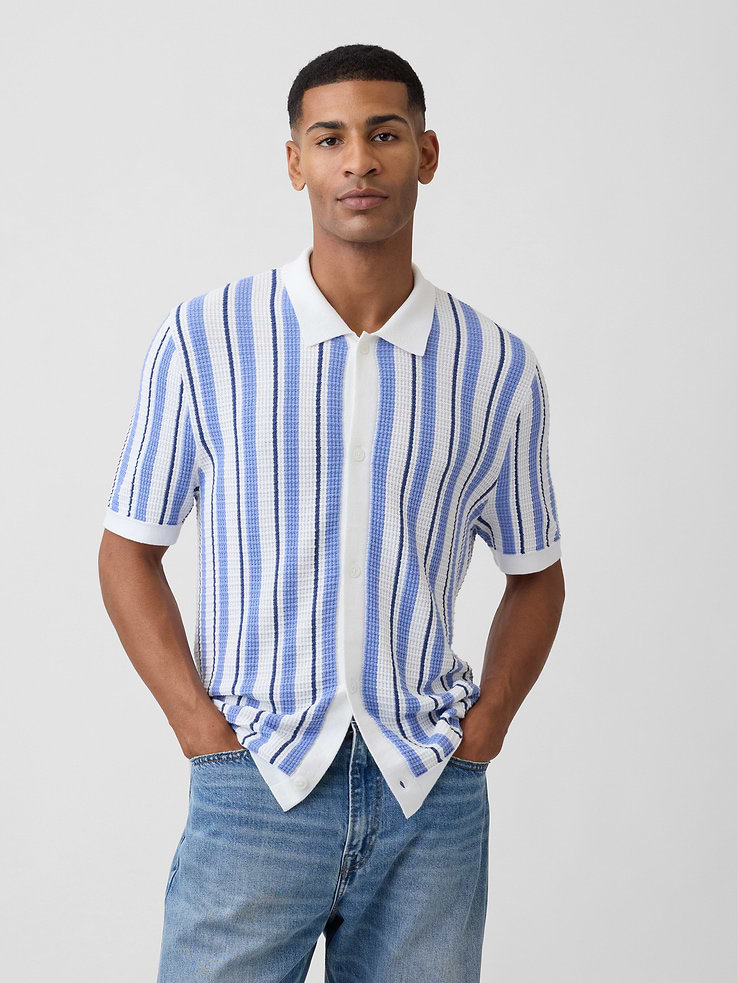 Image 1 of 5, Soft cotton knit., Dropped shoulder, short sleeves., Spread collar, button front., Allover stripes., This product was made in a factory that invests in gender equity and women’s empowerment through RISE. Learn more at, Product #1175045