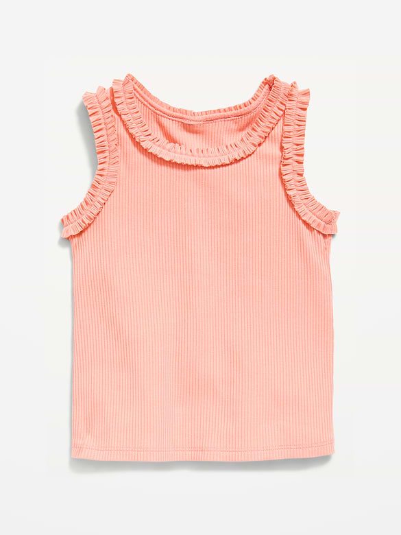 Printed Sleeveless Ruffle-Trim Ribbed Top for Toddler Girls