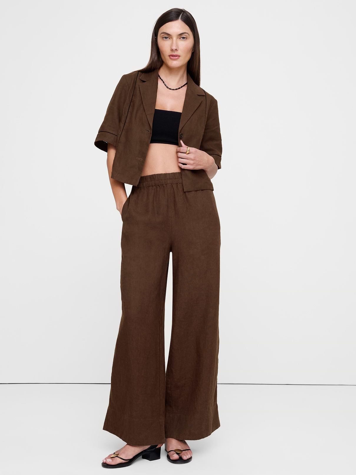Linen Short-Sleeve Blazer Top
