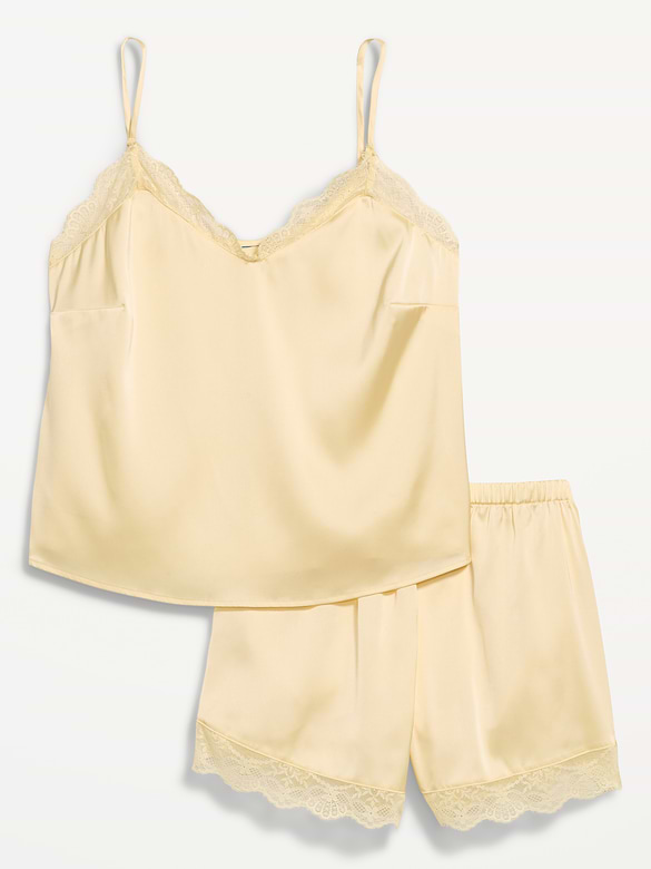 Satin Lace-Trim Pajama Tank and Shorts Set