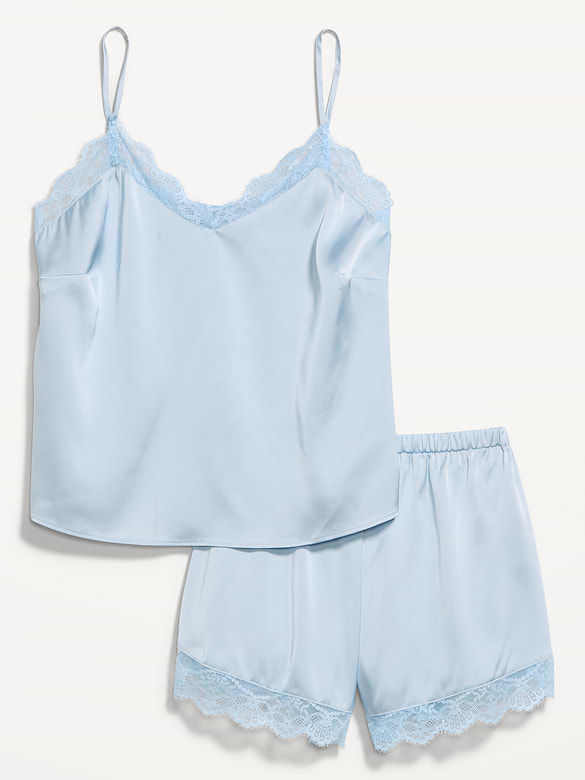 Satin Lace-Trim Pajama Tank and Shorts Set