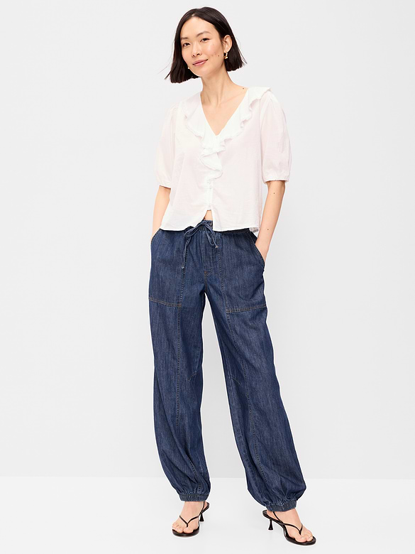 Mid-Rise Pull-On Utility Harem Denim Pants