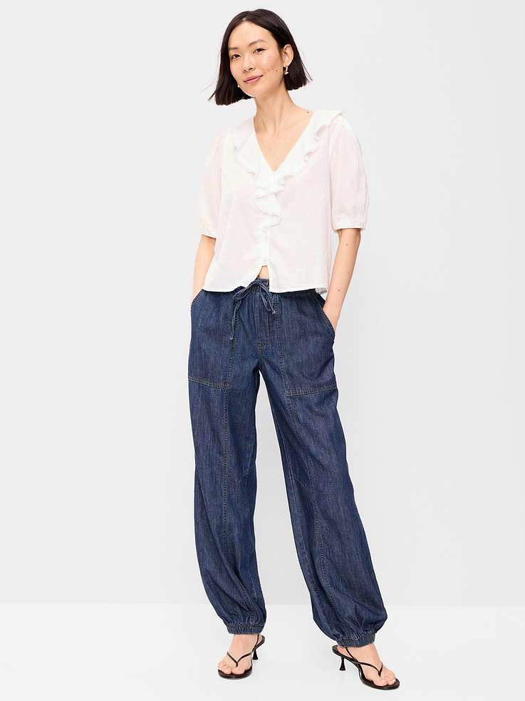 Image number 1 showing, Mid-Rise Pull-On Utility Harem Denim Pants