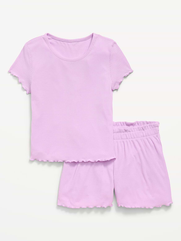Pyjama côtelé à haut à bordure ondulée et short pour fille