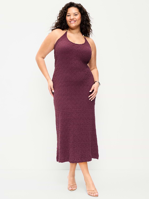 Beaded Halter-Neck Textured Midi Dress