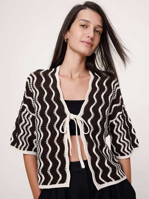 Cotton Scallop Stripe Tie-Front Cardigan