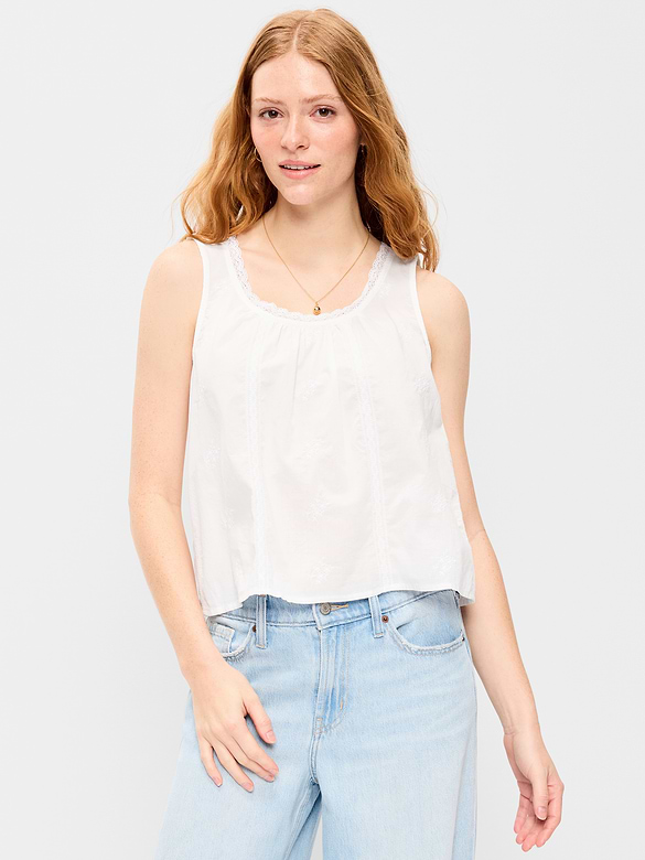Ruffle-Trim Embroidered Tank Top