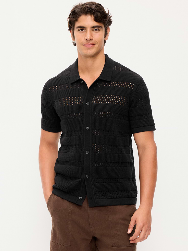 Image number 1 showing, Short-Sleeve Open-Knit Sweater Shirt