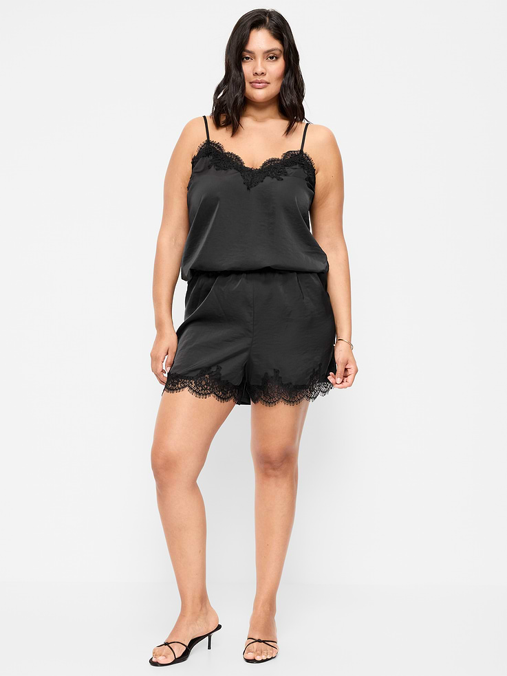 Image number 8 showing, High-Waisted Lace-Trim Satin Shorts