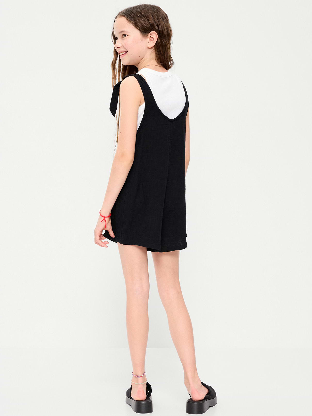 Image number 2 showing, Sleeveless Tie-Strap Double-Weave Romper for Girls