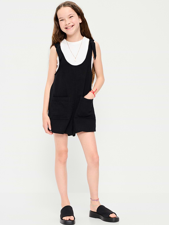 Sleeveless Tie-Strap Double-Weave Romper for Girls