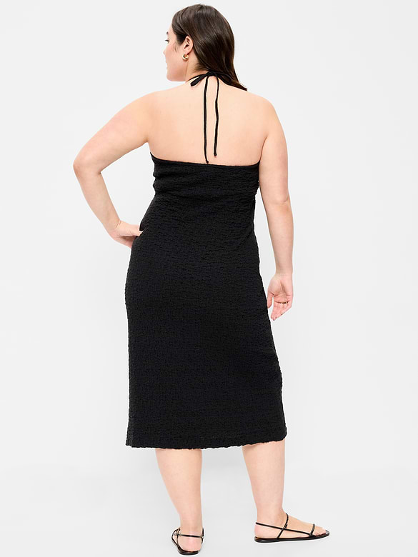 Beaded Halter-Neck Textured Midi Dress